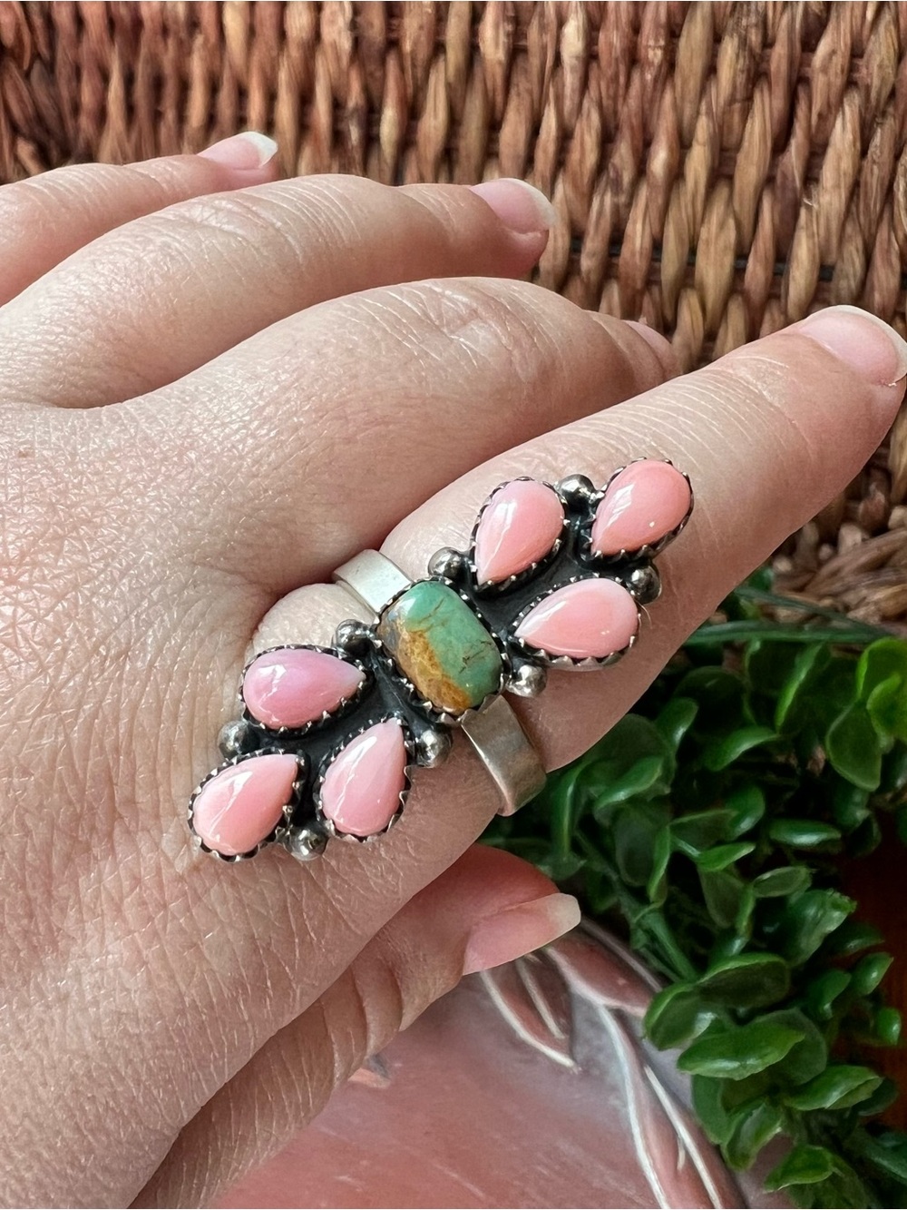 Kingman Turquoise Queen Conch Sterling Silver Statement Cluster Ring Size 10
